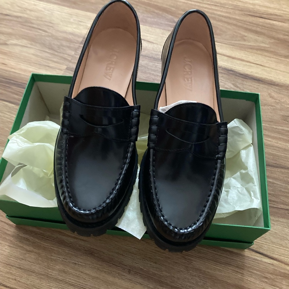NIB J. Crew Winona Lug-sole Penny Loafers in Black Spazzolato Leather - size 8.5